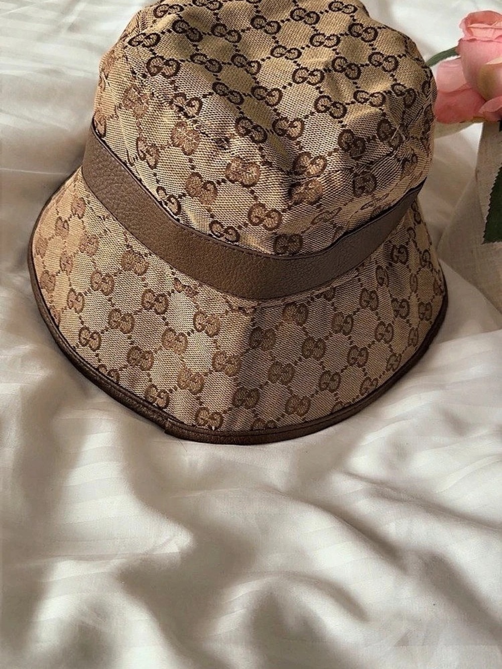 Gucci GG Canvas Bucket Hat with Leather Trim Brown